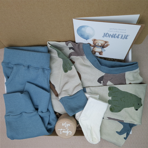 Brievenbus kraamcadeau jongen babykleding beren grijsblauw - Afbeelding 2