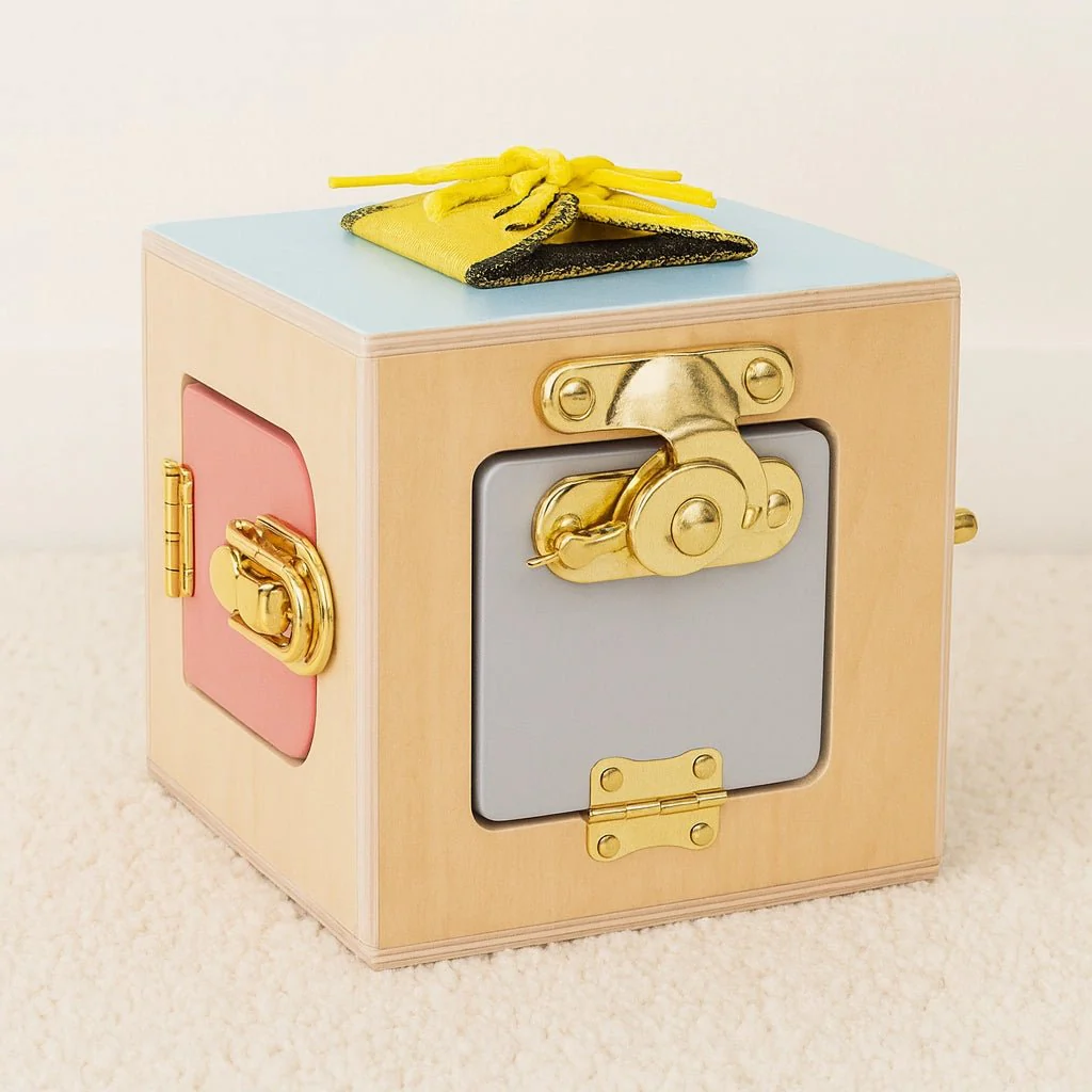 Houten Montessori Lock Box | Activiteitenkubus met Slotjes, Knoop & Veters (18m+)