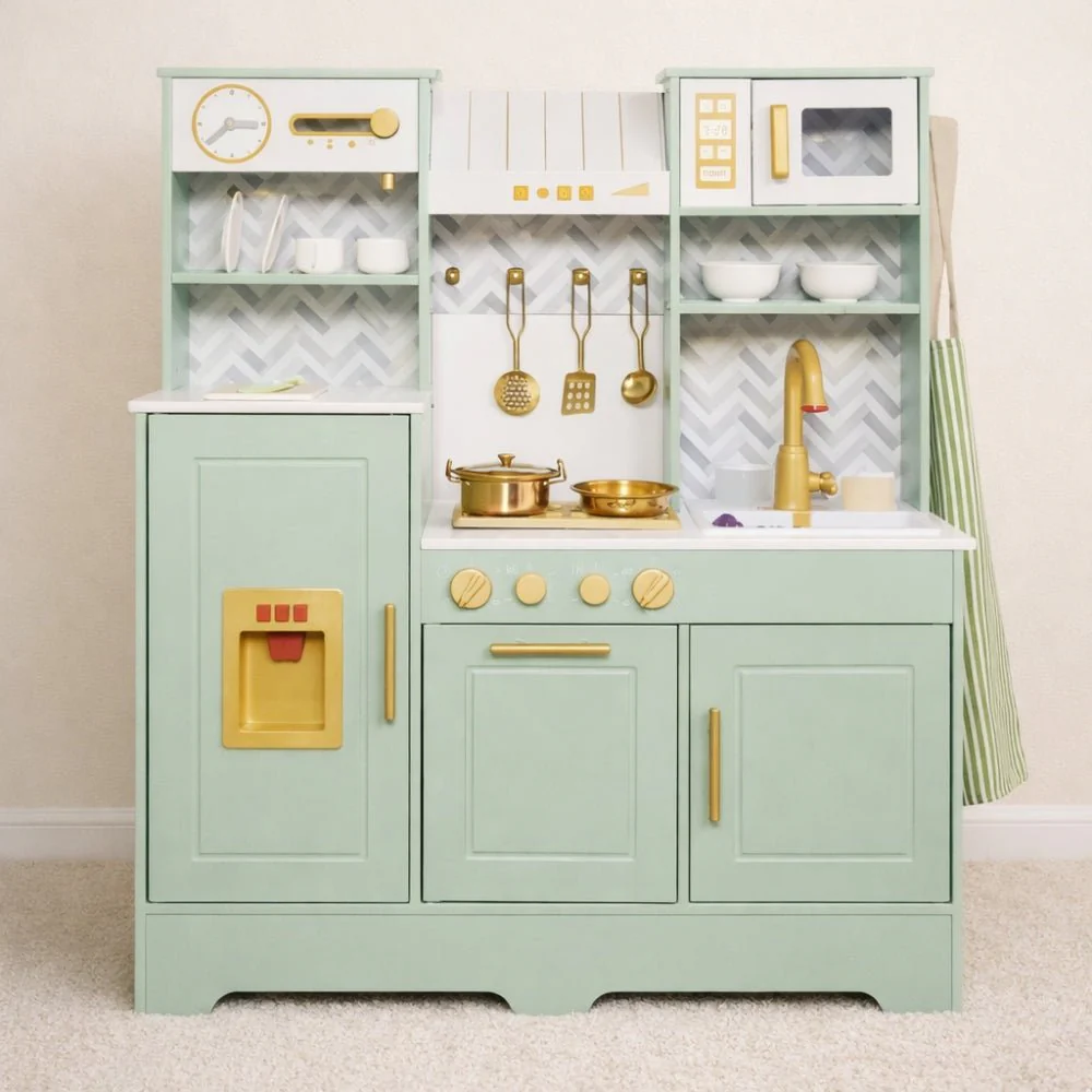 Houten Speelgoedkeuken met Licht, Geluid & Stoom | Kinderkeuken met Echte Effecten & Accessoires | Groen Goud | Vanaf 3 Jaar - Afbeelding 2