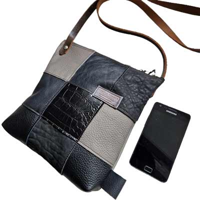 Tas Leer Patchwork Grijs Zwart